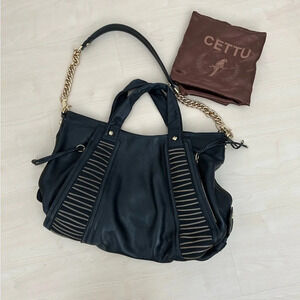 CETTU black tote crossbody With zipper details LEATHER BAG Made In Italy.